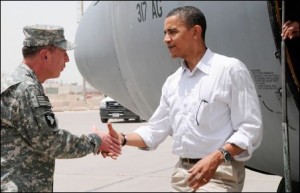Gen. David Patreus, until recently Commanding General, Multi-National Force - Iraq, greets Pres. Obama on his arrival to Iraq. Patraeus is now Commander in Afghanistan.